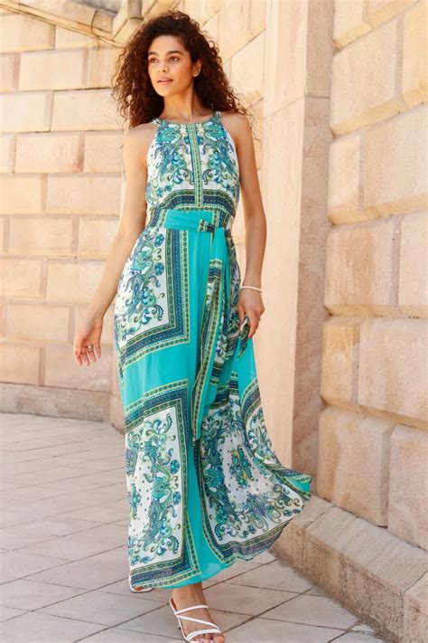 Roman Scarf Print Halter Neck Maxi Dress In Turquoise Female