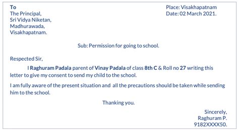 Parents Permission Letter For Going To School In Covid