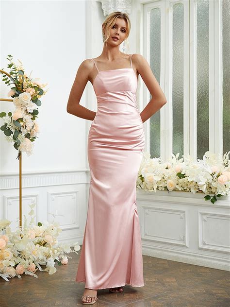 Sheath Column Silk Like Satin Ruched Spaghetti Straps Sleeveless Floor