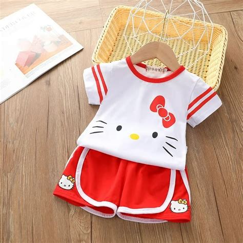 Hello Kitty New Clothing Summer Girls Cute Cat Print Two Piece Cotton Round Neck T Shirt