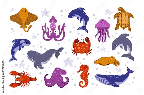 Ocean animals, characters set. Cartoon hand drawn illustration. Dolphin ...