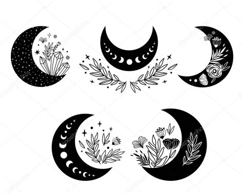 Clipart De Luna Floral Fase Lunar Y Conjunto De Flores Icono De Luna