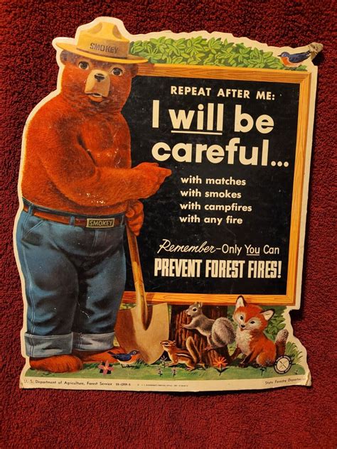 1955 Smokey The Bear U S Department Of Agriculture Forestry Cardboard Sign Ebay Smokey The