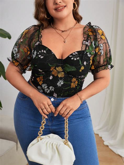 Shein Privé Talla Grande Top Con Bordado Floral Escote Corazón De Manga