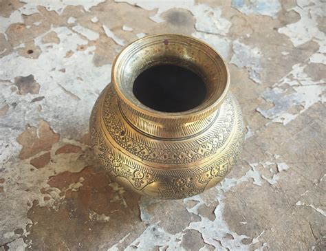 Vintage Small Engraved Brass Lota Pot Holy Water Vessel India Antiques Ethnic Decor Brass Decor