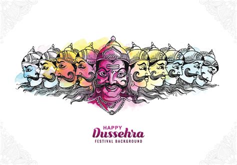 Happy Dussehra Celebration Angry Ravan With Ten Heads Card Sketch