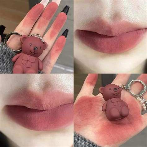 Artvalue Keychain Bear Shape Lip Glaze Mud Matte Fog Nude Color Does Not Fade For Lipstick