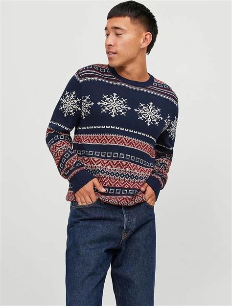 Jack Jones Sweter Xmas Snowball W Kolorze Czerwono Granatowym