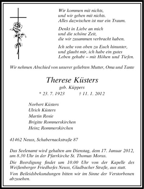 Alle Traueranzeigen F R Therese K Sters Trauer Rp Online De