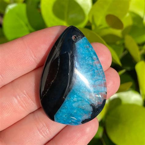 Blue Black Druzy Geode Agate Teardrop Natural Gemstone Pendant Etsy