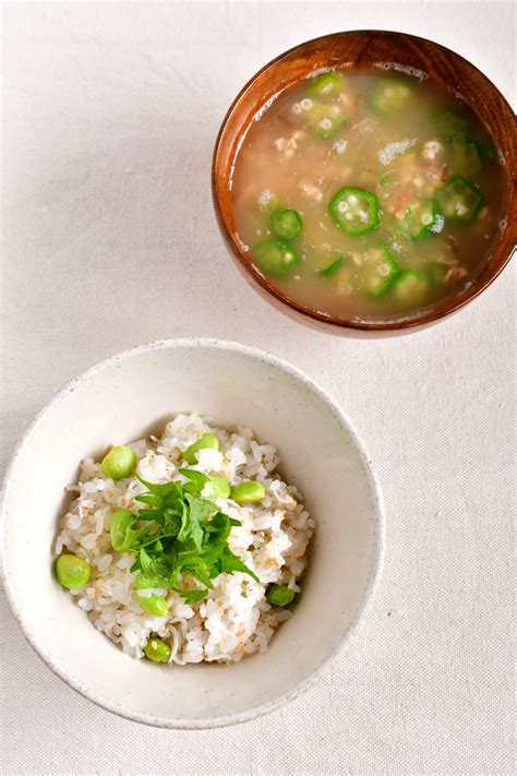 包丁不要の朝献立♪枝豆と梅としらすの混ぜご飯＆納豆オクラかちゅーゆ 食育ノススメ～彩食主義でおいしく元気♪