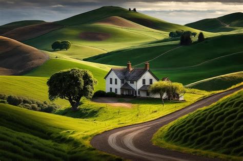 Premium Ai Image A Farmhouse Surrounded By Lush Fields And Rolling Hills