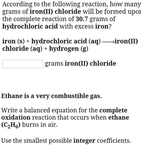 SOLVED According To The Following Reaction How Many Grams Of Iron II