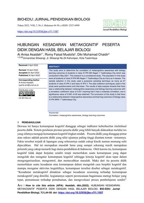 PDF Hubungan Kesadaran Metakognitif Peserta Didik Dengan Hasil