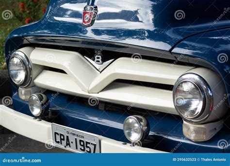 Front Part Of The Ford F Car At A Vintage Car Exhibition In