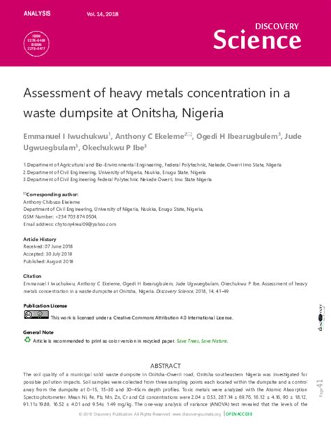 Pdf Assessment Of Heavy Metals Concentration In A Waste Dumpsite At