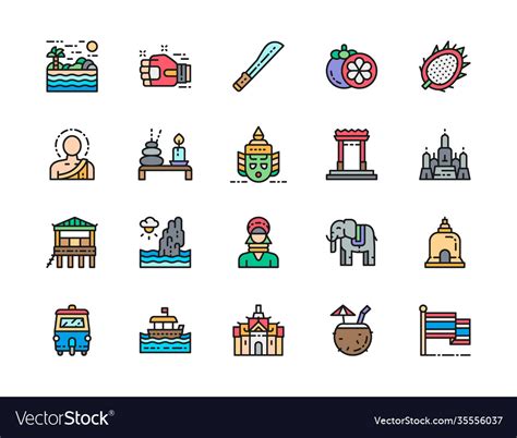 Set thailand culture color line icon machete Vector Image