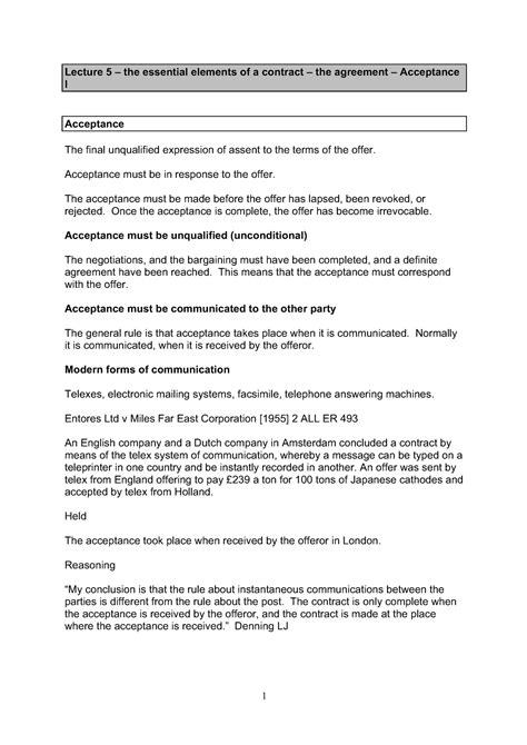 Acceptance Lecture I Lecture 5 The Essential Elements Of A Contract