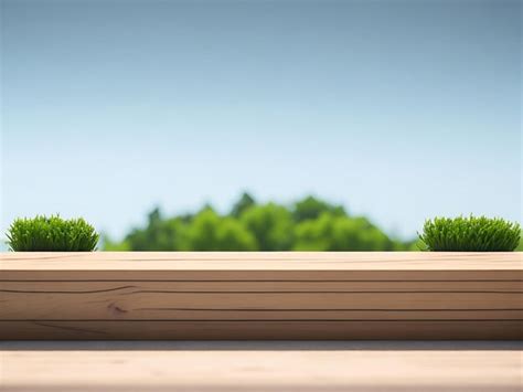 Premium Photo Wooden Platform With Grass And Blue Sky Background Product Presentation Display