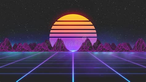 Retro Wave Animation With Sun Space Mountains And Laser Grid On