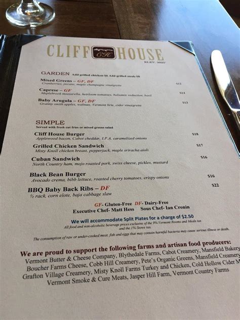 Menu at Cliff House Restaurant, Stowe, Mountain Rd