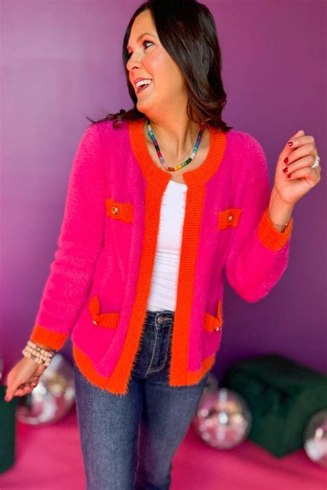 Hot Pink Orange Colorblock Fuzzy Knit Open Cardigan Ssys