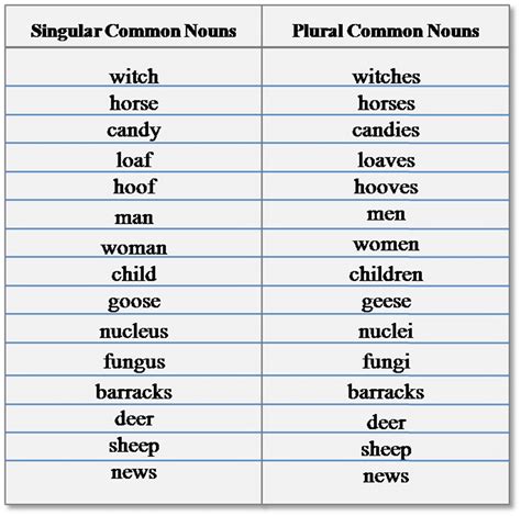 Singular And Plural Nouns Chart