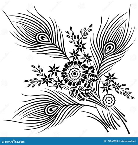 Black And White Peacock Feather Design With Flowers Stock Vector