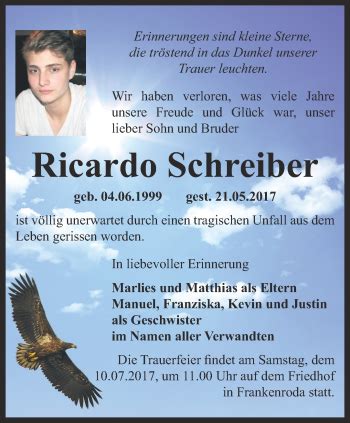 Traueranzeigen Von Ricardo Schreiber Trauer In Thueringen De