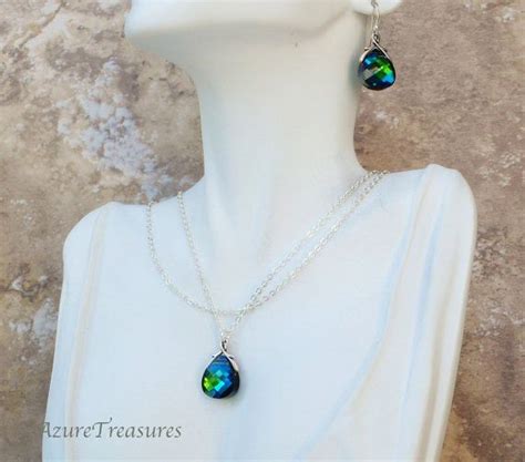 Bermuda Blue Jewelry SET Crystal Peacock Earrings Necklace Sterling