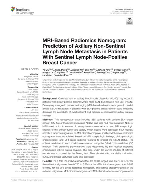 Pdf Mri Based Radiomics Nomogram Prediction Of Axillary Non Sentinel