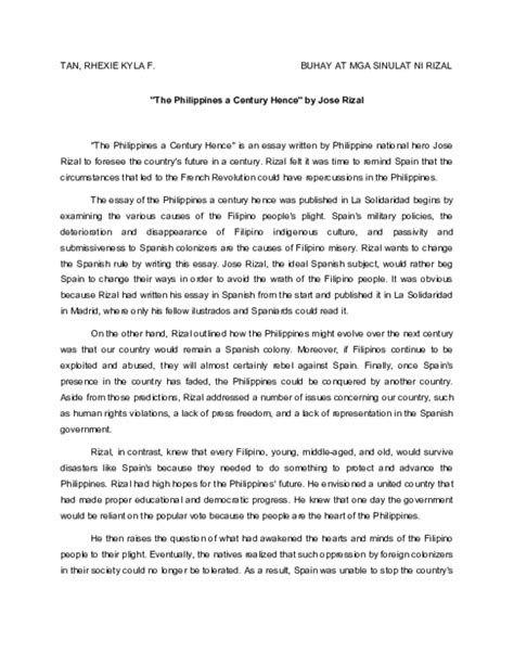 Doc Reflection Paper On The Philippines A Century Hence By Jose