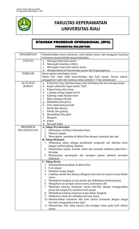 Perawatan Kolostomi Standar Prosedur Operasional Spo Mk