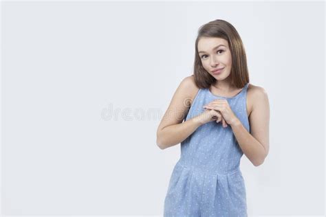 Shy Young Woman In Blue Dress Stock Image Image Of Hands Female