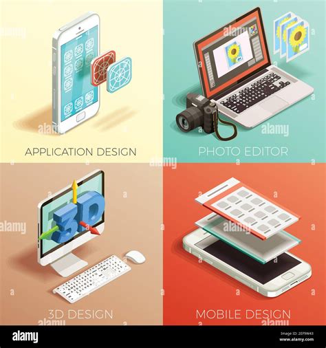 Isometric 2x2 Concept Set Of Various Kinds Of Graphic Design On