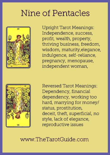 Nine Of Pentacles Tarot Flashcard Showing The Best Keyword Meanings For