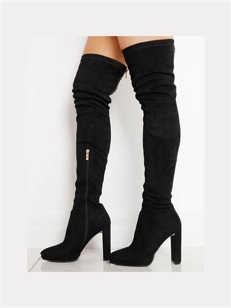 Selyse Slim Heel Over The Knee Boots In Black Faux Suede Welcome To