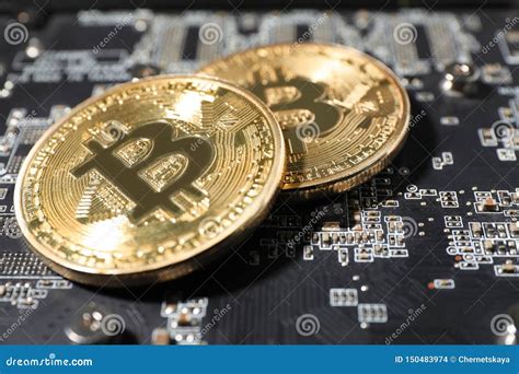 Bitcoins De Oro En La Placa De Circuito Del Ordenador Primer Foto De