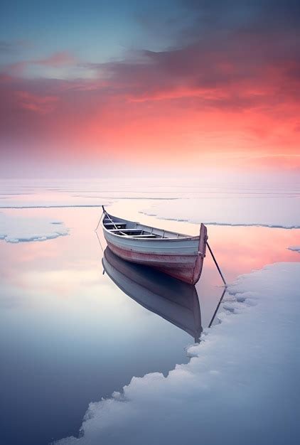 Premium Ai Image Boat Stranded On Ice Island At Sunset Ai Generative