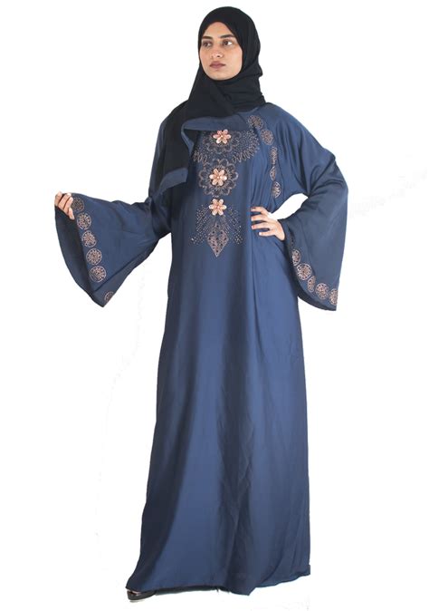 Embroidery Women Modest City Party Wear Blue Nida Islamic Abaya Size