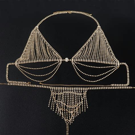 K Ked Women S Bohemian Diamond Fringed Sexy Bikini Bra Chain Thong Chain Nightclub Set Gold