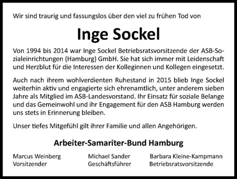 Traueranzeigen Von Inge Sockel HamburgerTRAUER De