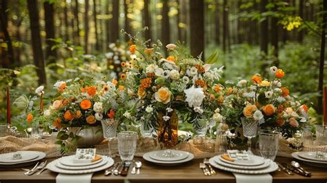 Enchanted Forest Wedding Table Set With Golden Lamp And Florals