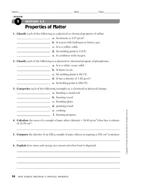 Properties Of Matter Worksheet For 9th 12th Grade Lesson Planet