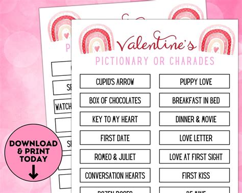 Valentine's Day Pictionary Game / Valentine's Day Charades Game ...