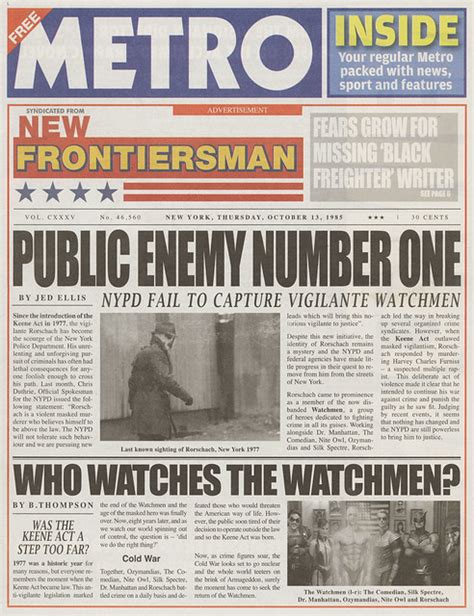 Watchmen Metro Newspaper As The New Frontiersman Front Page A