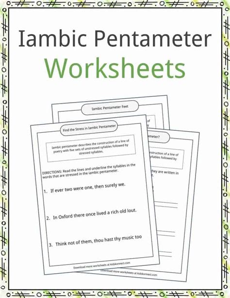 Iambic Pentameter Examples, Definition and Worksheets | Free Sample provides one page | Iambic ...