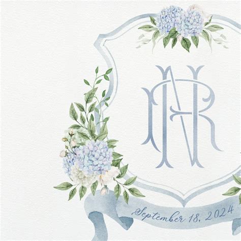 Blue And White Hydrangea Wedding Crest Monogram Crest Etsy Watercolor