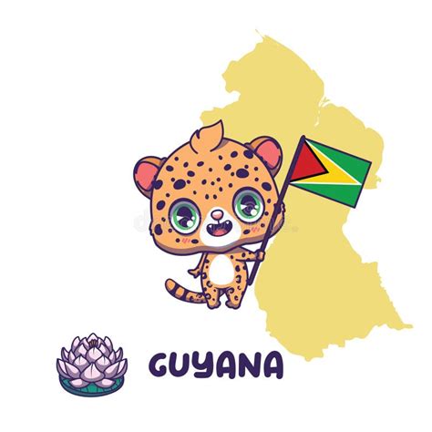 National Animal Jaguar Holding The Flag Of Guyana National Flower