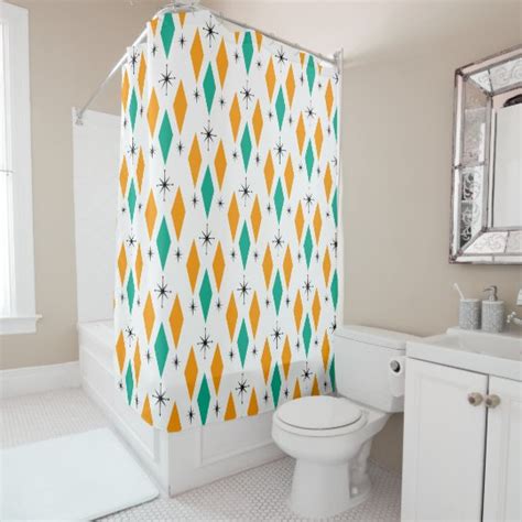 Mid Century Modern Era Diamonds Orange Turquoise Shower Curtain